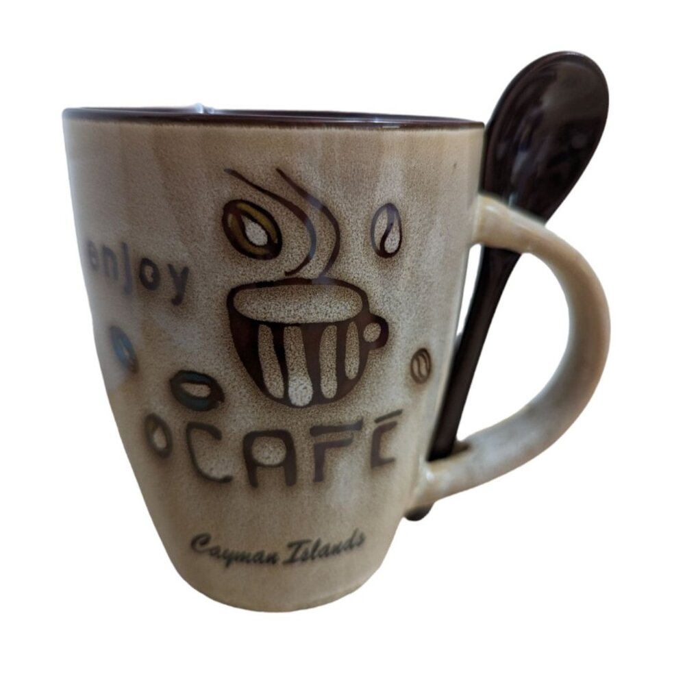 Enjoy Cafe Cayman Islands brown coffe themed mug w/spoon 4 inch @agiftcorp